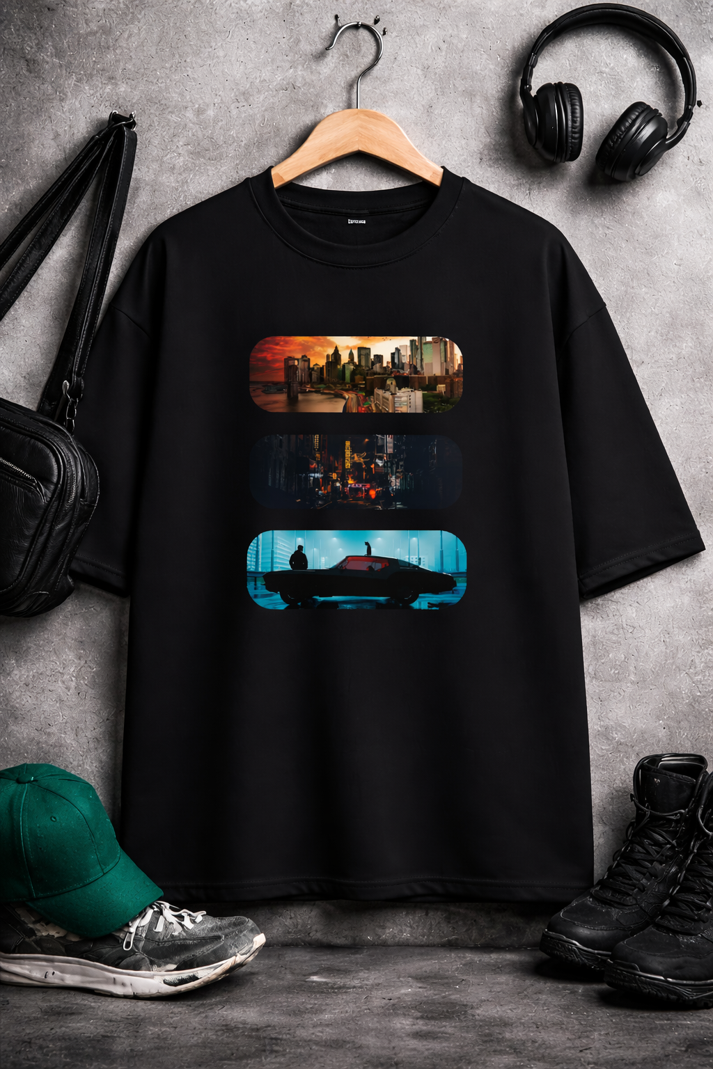 Urban Skyline Graphic Oversized T-Shirt for Men | Premium Black Streetwear Tee