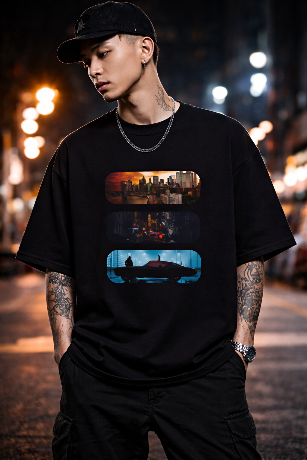 Urban Skyline Graphic Oversized T-Shirt for Men | Premium Black Streetwear Tee